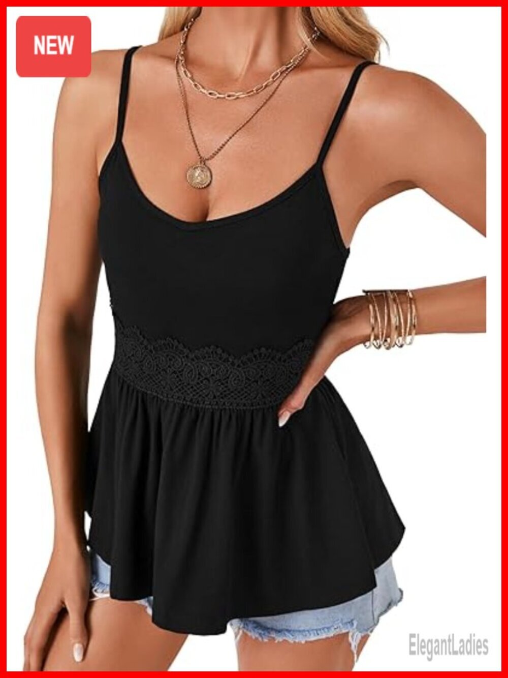 Viscose Spaghetti Strap Lace Peplum Cami Tank Top